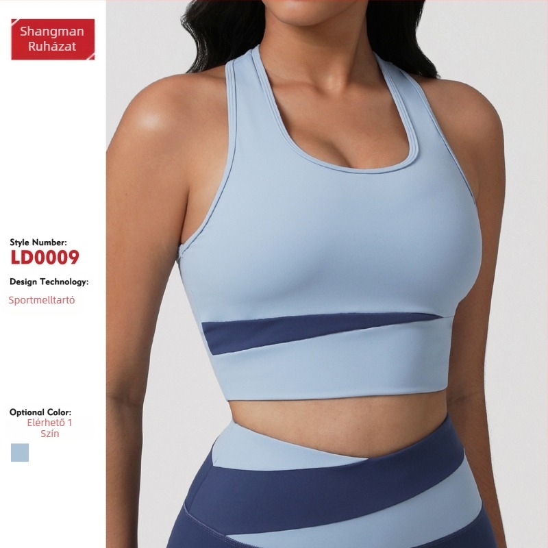 Jógához tervezett sportmelltartó I-formájú hátsó résszel, mellpárnával; anyag: nylon/elastán, 75% nylon, 25% elastán; bélés: elastán; kosár: teljes; formázott kosár: közepes; pántok rögzítettek