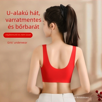 Varrásmentes sportmelltartó, egyrészes dizájn; háromszög alakú kosár, vékony öntött párnázattal; fix vállpántok; nylon anyag.