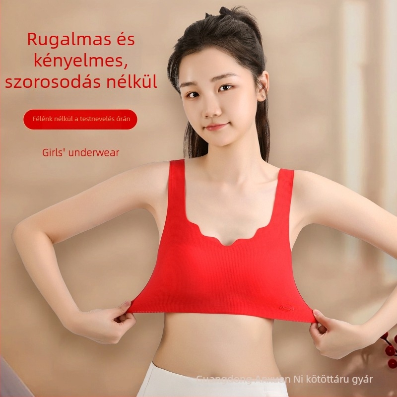 Varrásmentes sportmelltartó, egyrészes dizájn; háromszög alakú kosár, vékony öntött párnázattal; fix vállpántok; nylon anyag.