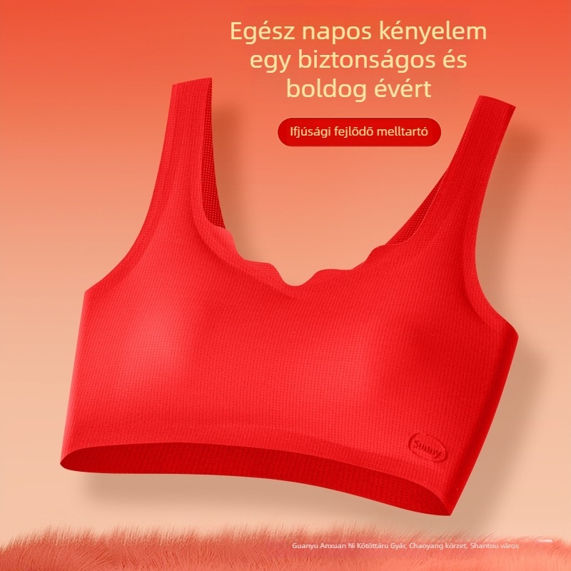 Varrásmentes sportmelltartó, egyrészes dizájn; háromszög alakú kosár, vékony öntött párnázattal; fix vállpántok; nylon anyag.