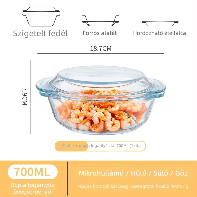Mikrohullámú sütőhöz való üveg edény fedéllel, nagy méretű, kör alakú tál, gőzölt tojás, leves és tészta számára, hőálló