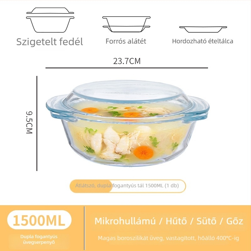 Mikrohullámú sütőhöz való üveg edény fedéllel, nagy méretű, kör alakú tál, gőzölt tojás, leves és tészta számára, hőálló