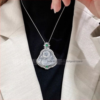 Kalcedon Buddha medálos nyaklánc – Inlay, Természetes anyag, Szabálytalan alak, Függő medál, Könnyű luxus stílus