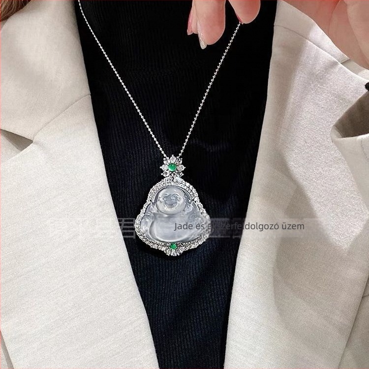 Kalcedon Buddha medálos nyaklánc – Inlay, Természetes anyag, Szabálytalan alak, Függő medál, Könnyű luxus stílus