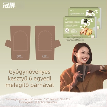Önjáró fűtésű térdmelegítők és kesztyűk, 55°C, német velúr melegítő, gyógynövényes tapaszok Artemisia és gyömbér