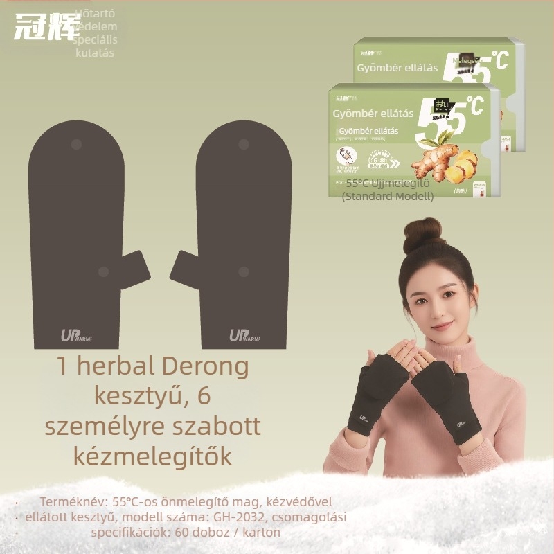 Önjáró fűtésű térdmelegítők és kesztyűk, 55°C, német velúr melegítő, gyógynövényes tapaszok Artemisia és gyömbér