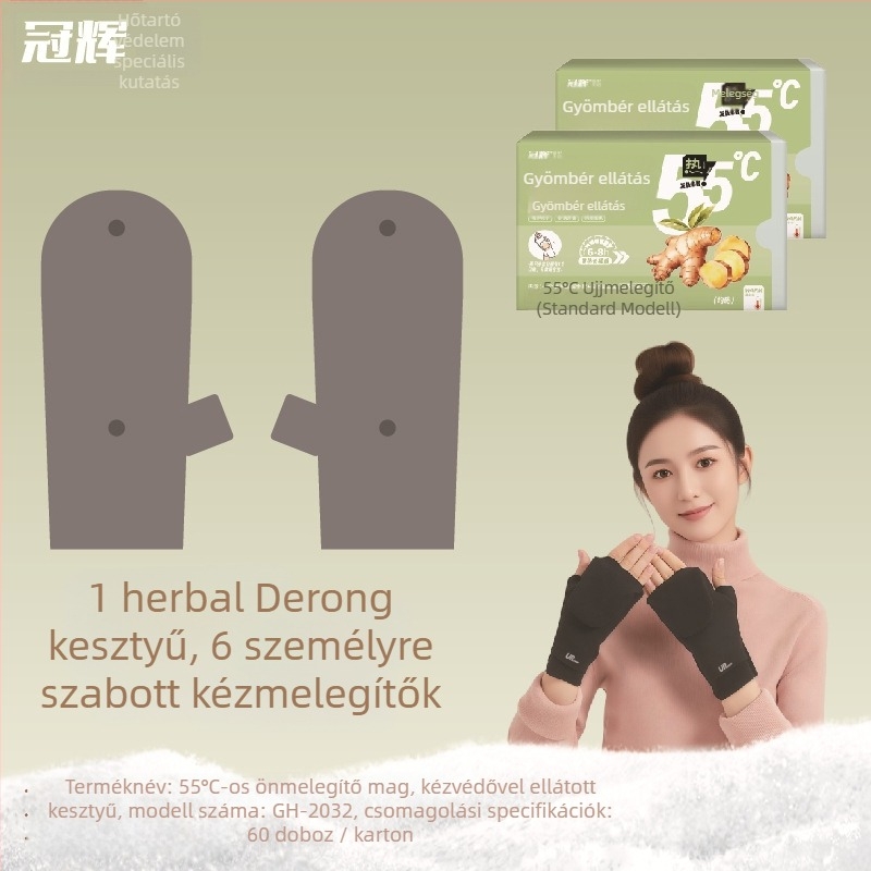Önjáró fűtésű térdmelegítők és kesztyűk, 55°C, német velúr melegítő, gyógynövényes tapaszok Artemisia és gyömbér