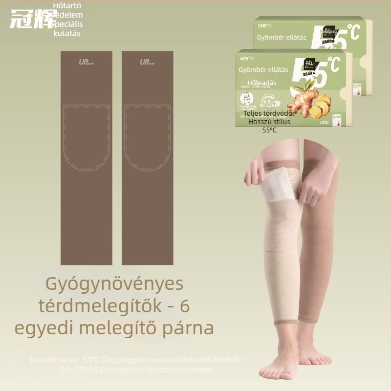 Önjáró fűtésű térdmelegítők és kesztyűk, 55°C, német velúr melegítő, gyógynövényes tapaszok Artemisia és gyömbér