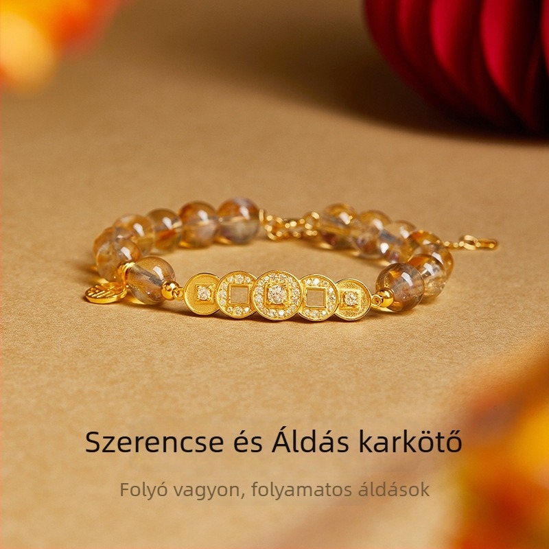 S925 sterling ezüst karkötő Öt Császár érme talizmánnal, kristályos díszítés, kínai stílus, elektroplatálás, nőknek