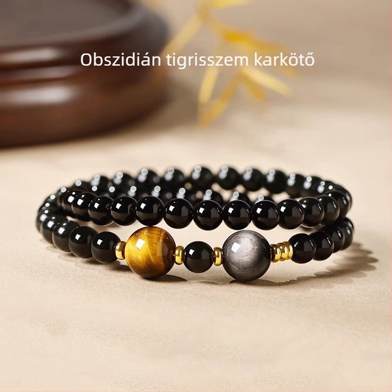 Obsidián és tigrisszem karkötő, kettős kör, csiszolt, uniszex, kínai stílus