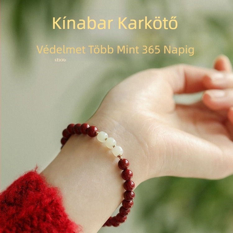 Cinnabar karkötő Hetian jade Buddha gyöngyökkel - kézzel készített, uniszex, kínai-stílusú ékszer
