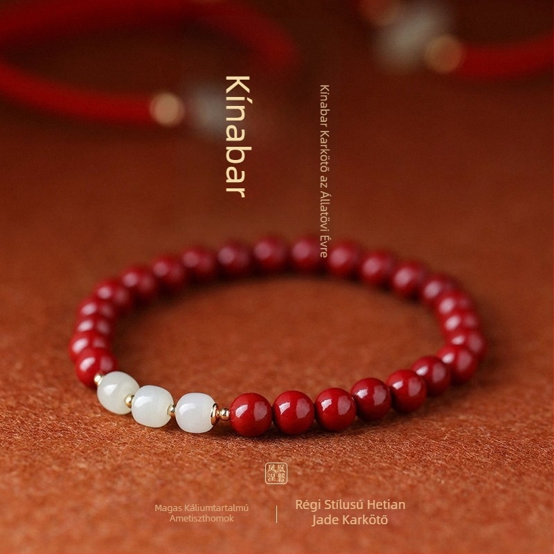 Cinnabar karkötő Hetian jade Buddha gyöngyökkel - kézzel készített, uniszex, kínai-stílusú ékszer