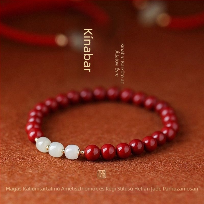 Cinnabar karkötő Hetian jade Buddha gyöngyökkel - kézzel készített, uniszex, kínai-stílusú ékszer