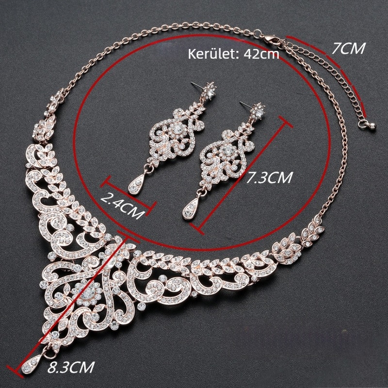 Ötvözetből készült nyaklánc és fülbevaló készlet, V-alakú kiemelt stílus; szabályos lánc; medál anyaga: ötvözet; minták: szerelem, vízcseppek, harangok