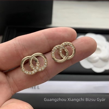 C-mintás nyaklánc és fülbevaló készlet, fém rhinestones-szal, brassból készült, koreai stílusban, O-lánccal