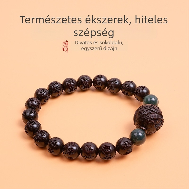 Kislevelű rózsafa karkötő, kínai stílus, kézzel készített, természetes felület, hat karakteres gravírozás