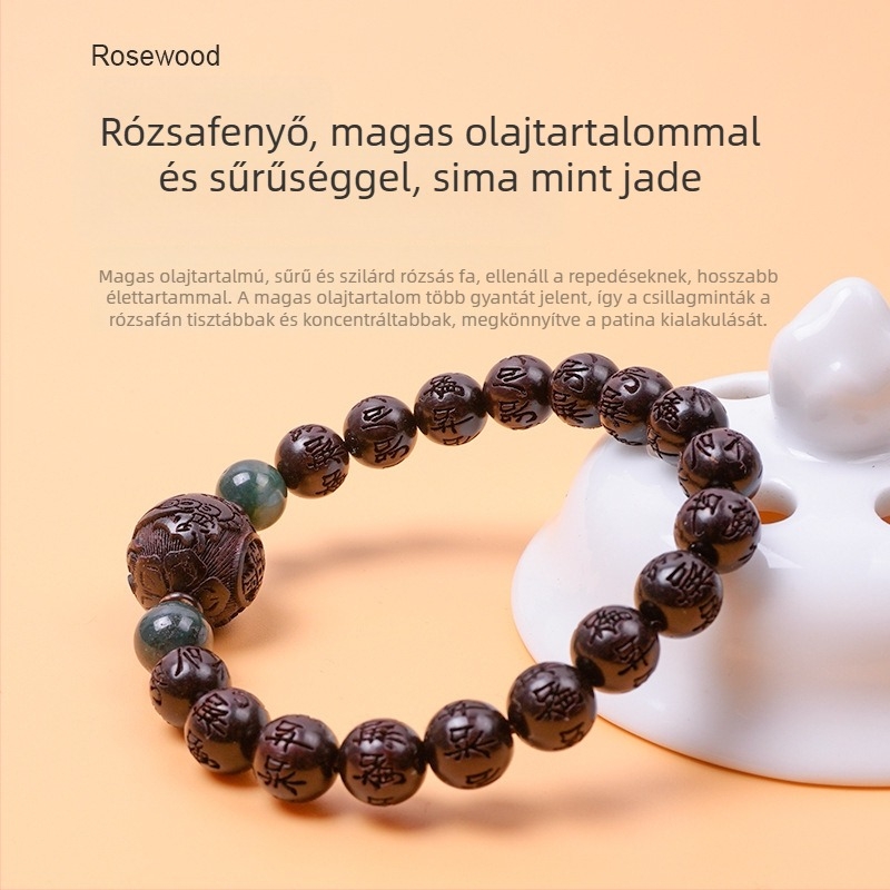 Kislevelű rózsafa karkötő, kínai stílus, kézzel készített, természetes felület, hat karakteres gravírozás