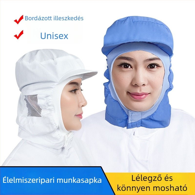 Fehér munkás sapka élelmiszeripari feldolgozásra, légáteresztő, mosható, uniszex higiénikus sapka fülhálóval