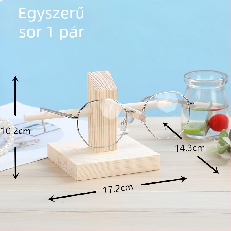 Szemüveg kiállító polc fenyőfából, egy- és kétsoros kialakítás, tömörfa burkolat, illesztett szerkezet