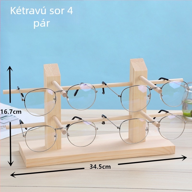 Szemüveg kiállító polc fenyőfából, egy- és kétsoros kialakítás, tömörfa burkolat, illesztett szerkezet