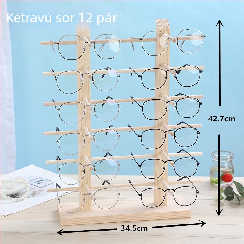 Szemüveg kiállító polc fenyőfából, egy- és kétsoros kialakítás, tömörfa burkolat, illesztett szerkezet