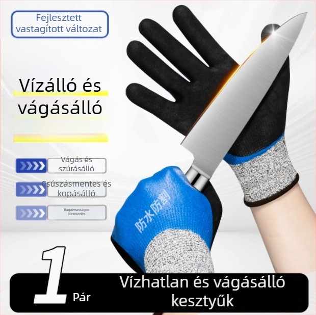 Tengeri ételek kezelése során használható kesztyű természetes gumiból készült külsővel és Kevlar béléssel; vízálló, alacsony hőmérséklet-ellenállás, hőtartás
