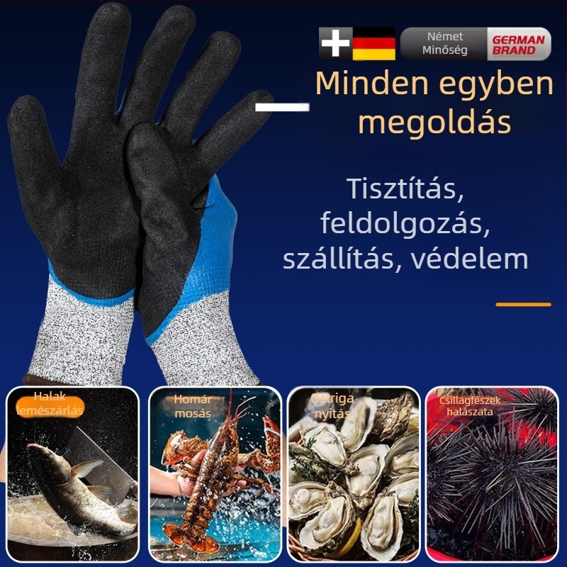 Tengeri ételek kezelése során használható kesztyű természetes gumiból készült külsővel és Kevlar béléssel; vízálló, alacsony hőmérséklet-ellenállás, hőtartás