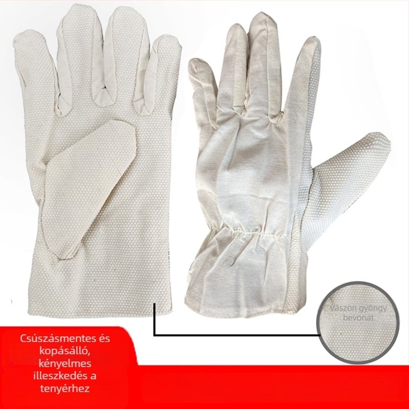 Vászon hegesztő kesztyű gyöngyös fogással, csúszásmentes és kopásálló, poliészter-pamut anyagból, védő kesztyű hegesztőknek