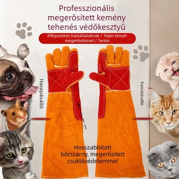 Állatokkal való kezelésre tervezett védőkesztyű – vastagított marhabőr, hosszú kivitel, védi a macska karmolását és a kutya harapását (Márka: Times Solid; Anyag: marhabőr; Funkciók: munkavédelmi védelem; állati harapások megelőzése; Tömeg: 740 g)
