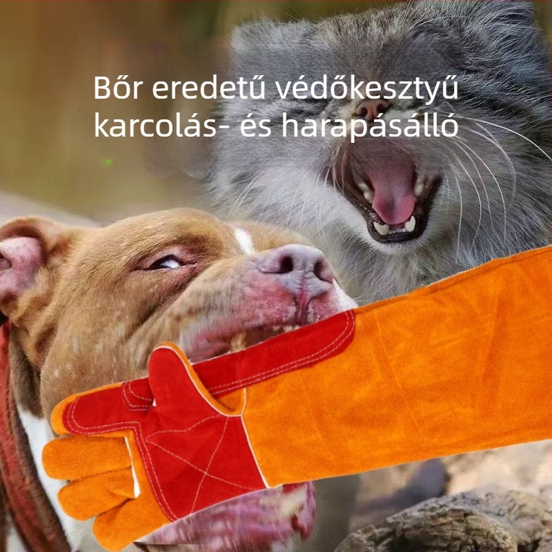 Állatokkal való kezelésre tervezett védőkesztyű – vastagított marhabőr, hosszú kivitel, védi a macska karmolását és a kutya harapását (Márka: Times Solid; Anyag: marhabőr; Funkciók: munkavédelmi védelem; állati harapások megelőzése; Tömeg: 740 g)