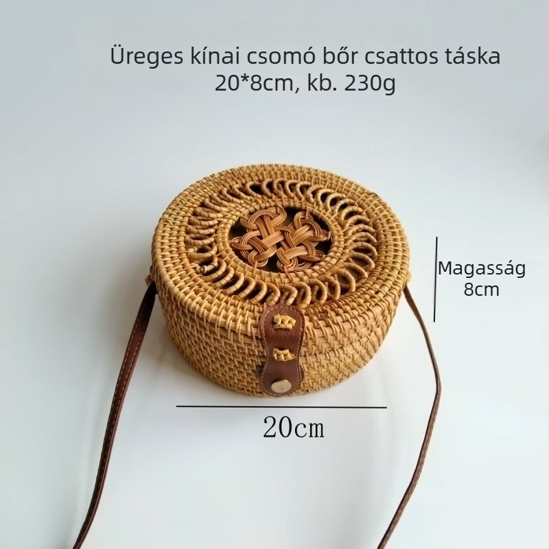 Rattan fonott kör alakú táska záras záróval, poliészter bélés és telefontok