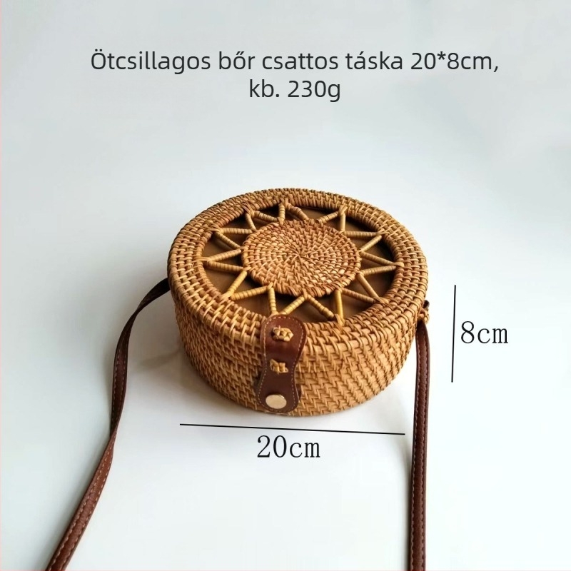 Rattan fonott kör alakú táska záras záróval, poliészter bélés és telefontok