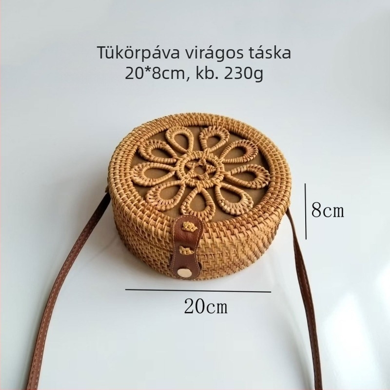 Rattan fonott kör alakú táska záras záróval, poliészter bélés és telefontok