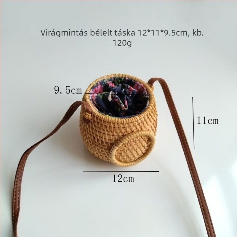 Rattan fonott kör alakú táska záras záróval, poliészter bélés és telefontok