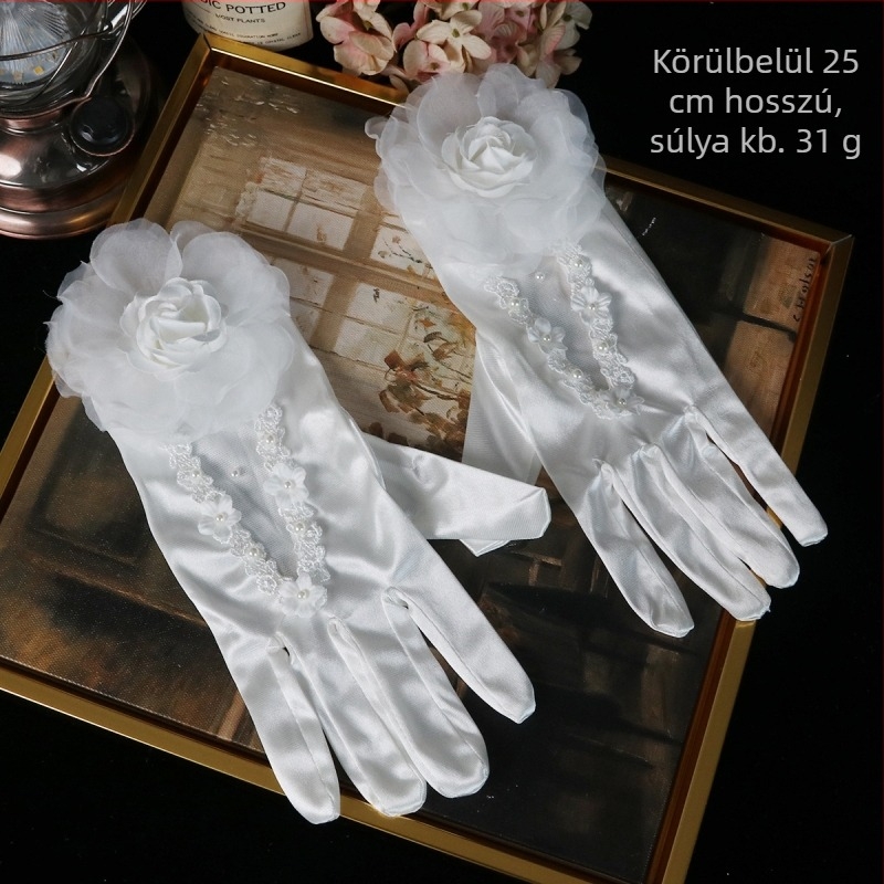 Menyasszonyi rövid kesztyű csipkével, kézzel készített virág- és gyöngydíszítéssel, Mori stílus, textil alapanyagból