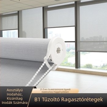 B1 tűzálló roló — poliészter + PVC, testre szabható, irodai és kereskedelmi terekhez, árnyékolási opciók: 0%, 1%, 3%, 5%, teljes/átlátszó/félárnyék