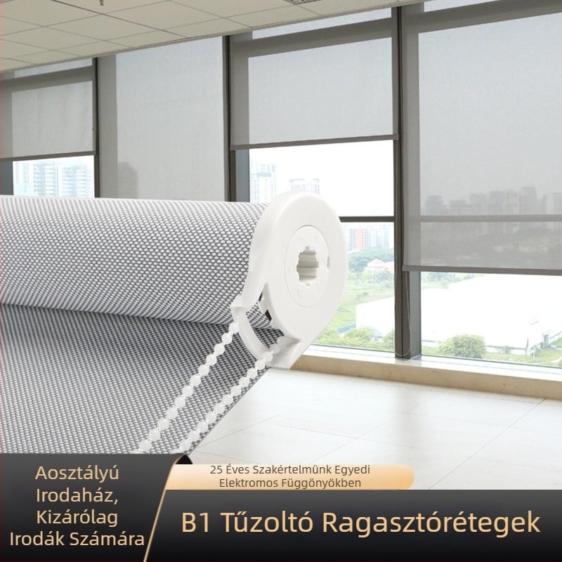 B1 tűzálló roló — poliészter + PVC, testre szabható, irodai és kereskedelmi terekhez, árnyékolási opciók: 0%, 1%, 3%, 5%, teljes/átlátszó/félárnyék