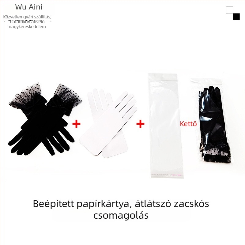Menyasszonyi hálós kesztyű pöttyös mintával, csipkés szegéllyel és masnival, teljes ujjas, egyszerű stílus (Anyag: háló; Márka: My Aini; Testreszabás: Elérhető)