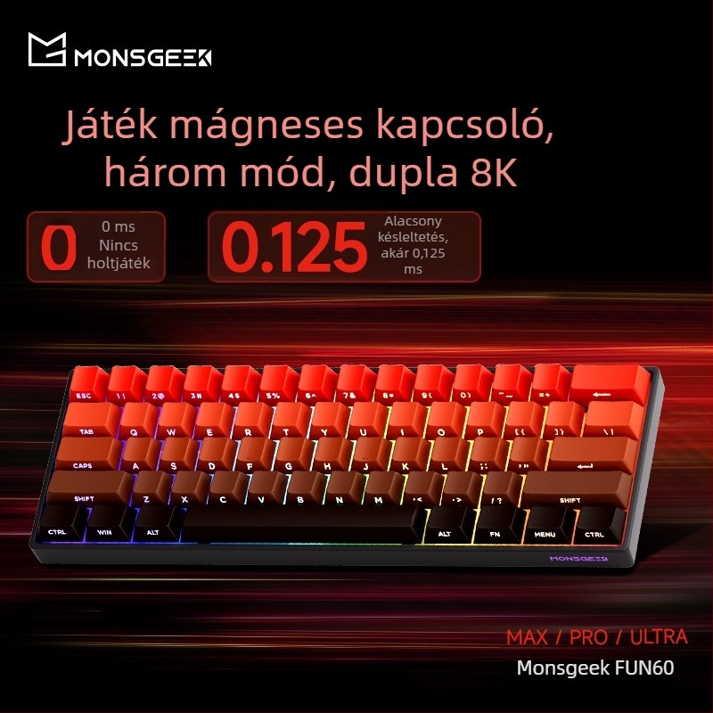 Mechanikus billentyűzet 61 gombbal, mágneses tengely, alumínium váz, RGB háttérvilágítás, kábeles és Bluetooth alacsony késleltetéssel