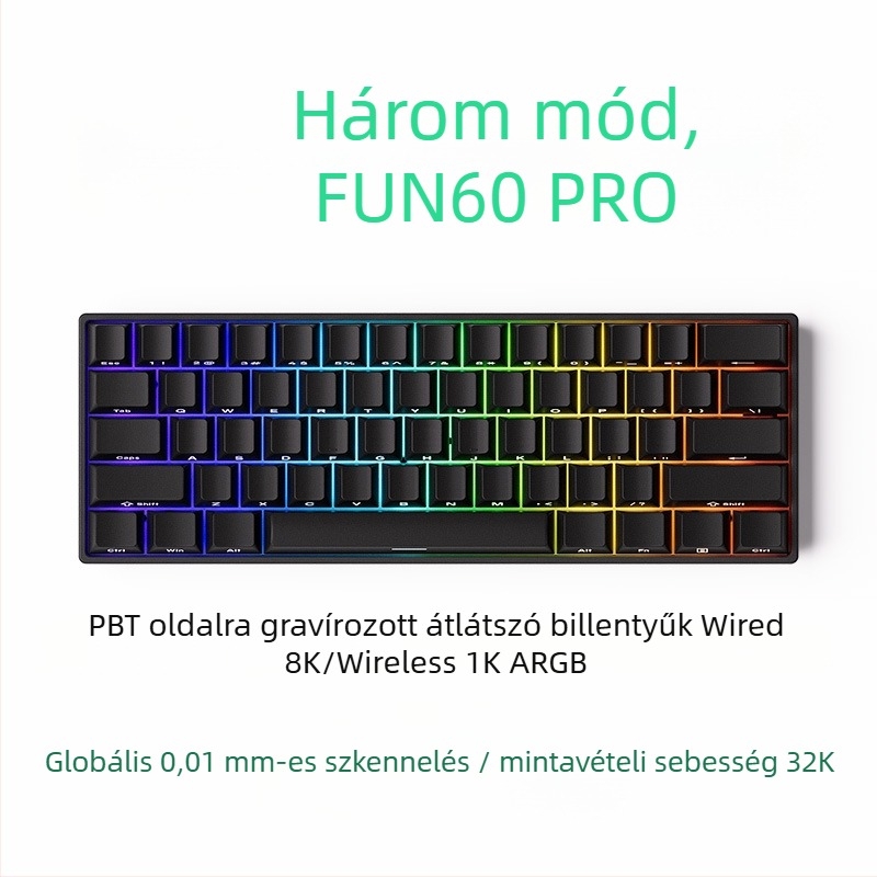 Mechanikus billentyűzet 61 gombbal, mágneses tengely, alumínium váz, RGB háttérvilágítás, kábeles és Bluetooth alacsony késleltetéssel