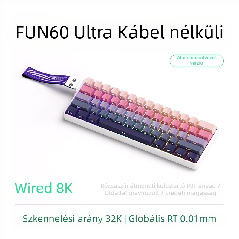 Mechanikus billentyűzet 61 gombbal, mágneses tengely, alumínium váz, RGB háttérvilágítás, kábeles és Bluetooth alacsony késleltetéssel