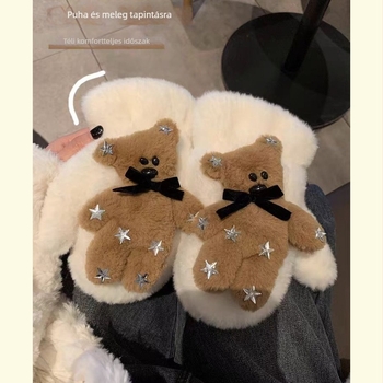 Téli Teddy maci sál kesztyűkkel, meleg plüss, szélálló, műnyúlszőr anyag, warp kötés