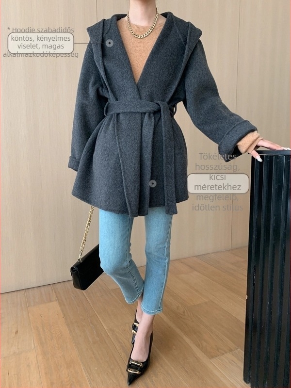 Női kapucnis kabát Tencel-wool dupla oldalú tweed, laza szabás, középhosszú