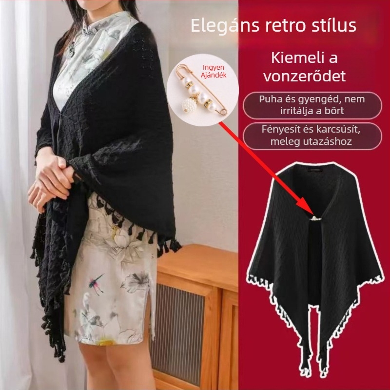 Kötött kardigán retro etnikus stílusban, lyukas mintával, háromszög sál stílussal, alapanyag, alkalmas téli, tavaszi és őszi időszakokra