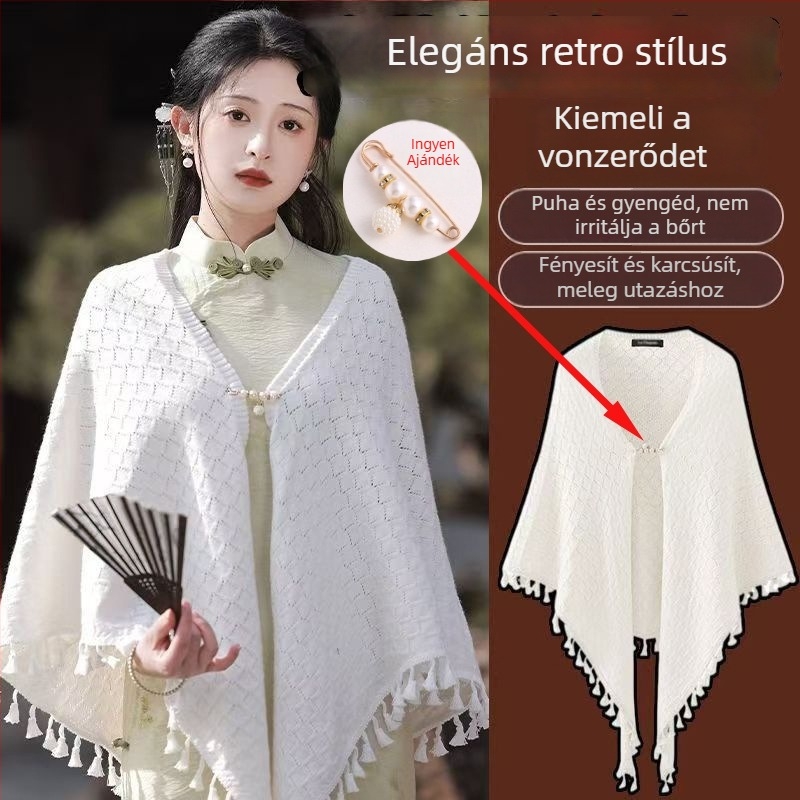 Kötött kardigán retro etnikus stílusban, lyukas mintával, háromszög sál stílussal, alapanyag, alkalmas téli, tavaszi és őszi időszakokra