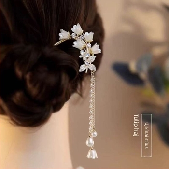 U-alakú hajcsat bojtokkal és gyöngyökkel – kézzel készített fém hajdísz, édes stílus Hanfu és Cheongsam updoshoz (2025 nyár)