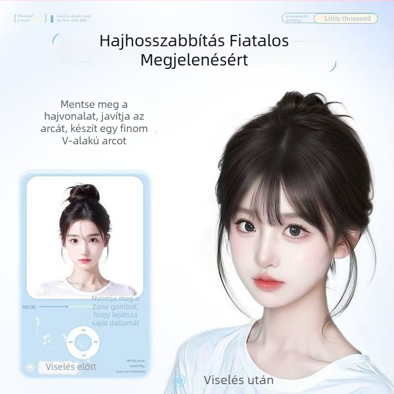 Francia stílusú frufru hajrész, vékony, láthatatlan légies frufru, kevert valódi hajból, félig kézzel készített, növeli a volumenét a koronán