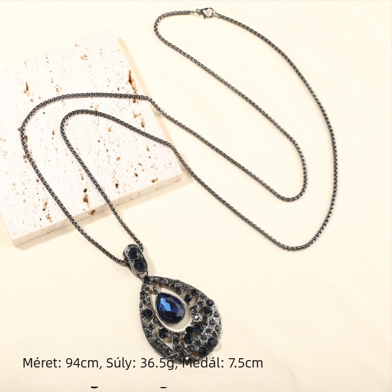 Hosszú nyaklánc csepp alakú medállal, kígyó lánccal, ötvözet, 81 cm+
