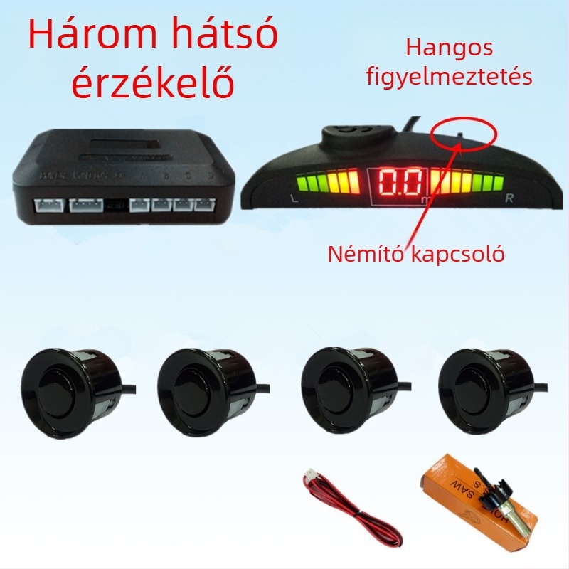 Visszafelé radar 4/6/8 szenzorral, riasztó hanggal és valós hanggal, félhold alakú képernyő, elöl és hátul radaros kép, modell CQ-1401