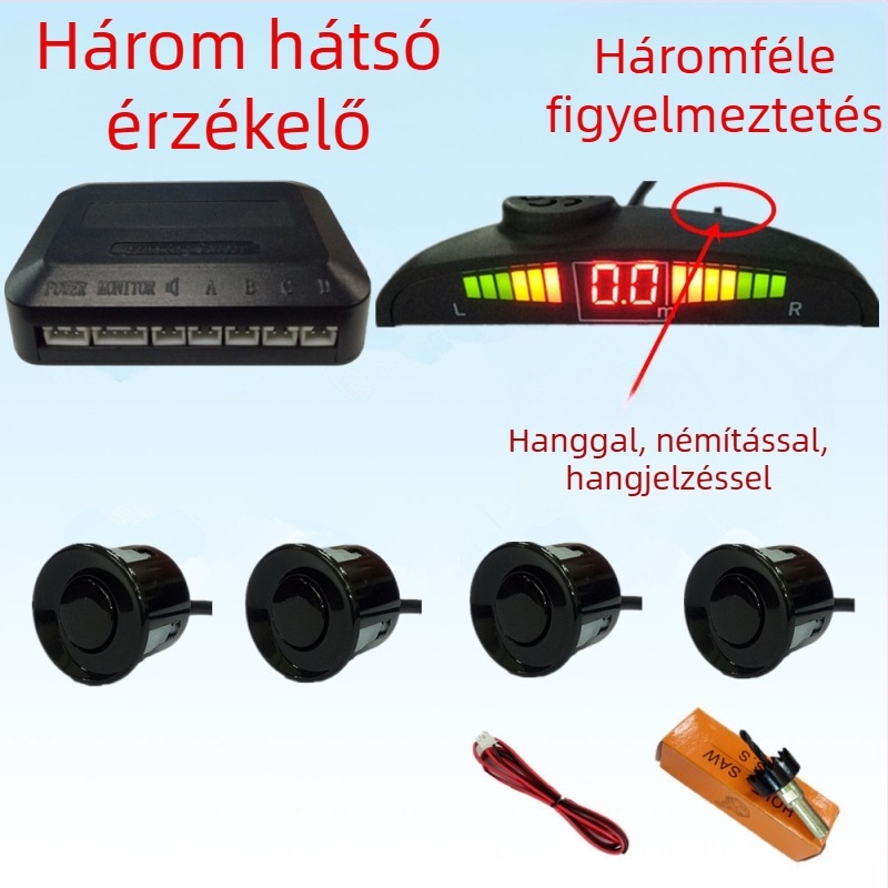 Visszafelé radar 4/6/8 szenzorral, riasztó hanggal és valós hanggal, félhold alakú képernyő, elöl és hátul radaros kép, modell CQ-1401